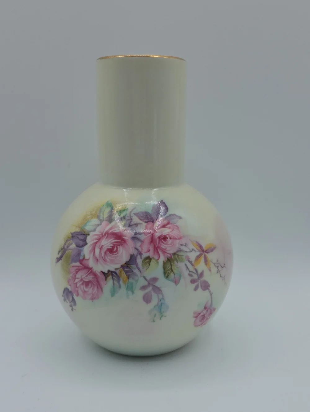 Cream Porcelain Vase with Pink Rose Motif and Gold Rim